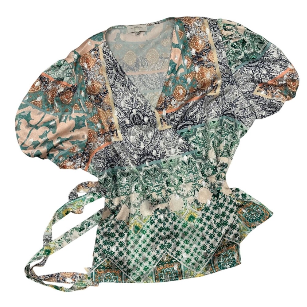 Never Fully Dressed Puff Sleeve Multi Print Silky Wrap‎ Blouse Green 20